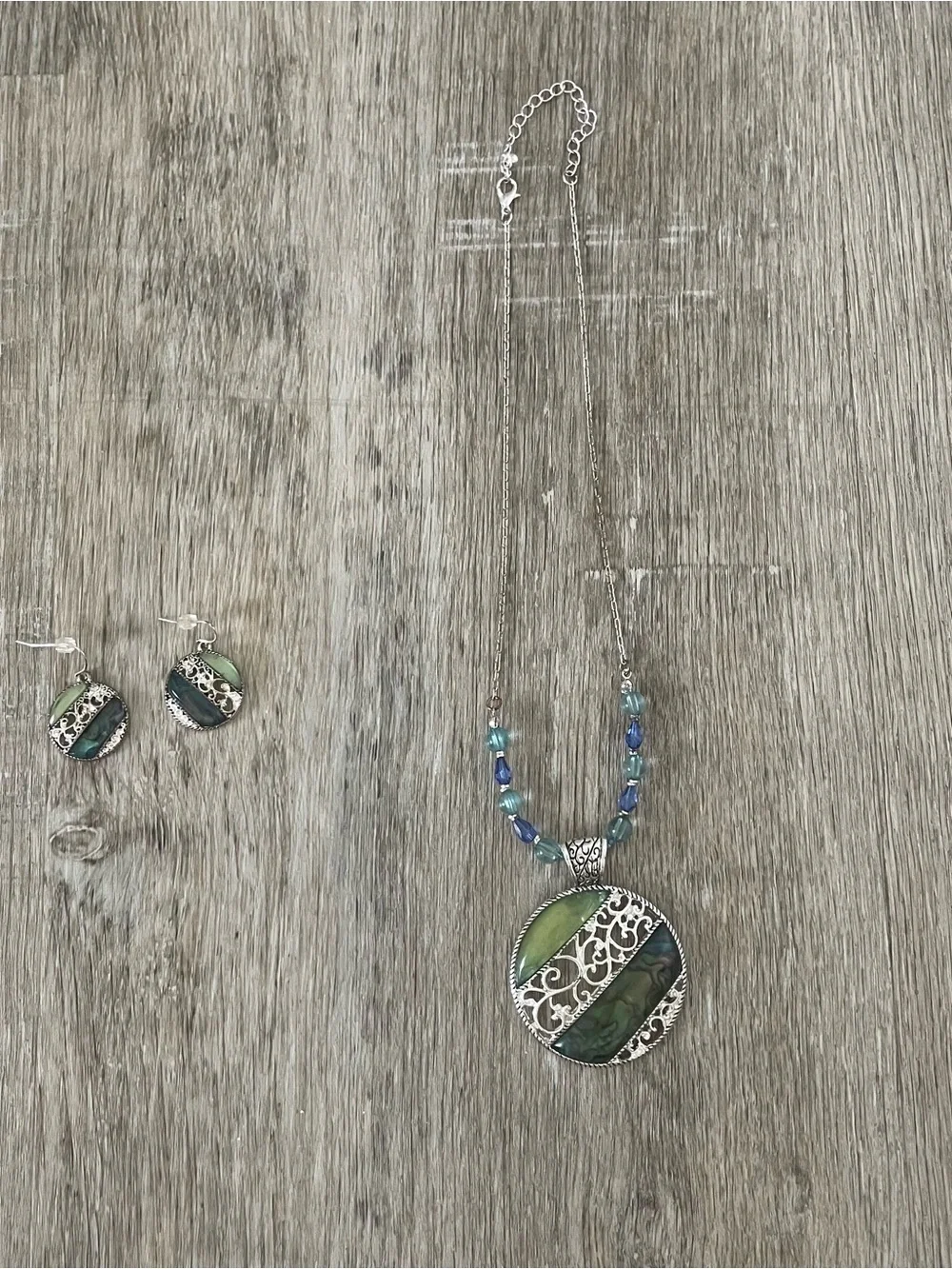 Green & Blue Abalone Shell Statement Necklace & Matching Drop Earrings Set